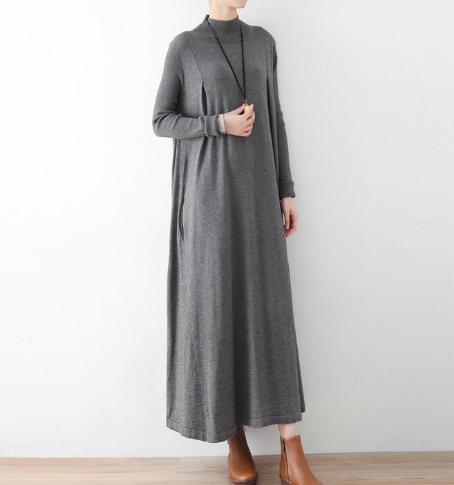 High Collar Loose Cotton Knit Long Dresses Plus Size AMT962328 VPPBUY shop