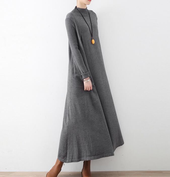 High Collar Loose Cotton Knit Long Dresses Plus Size AMT962328 VPPBUY shop