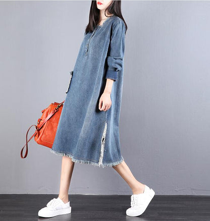 Denim Loose Long V Neck Dresses Plus Size Women Dresses VPPBUY shop