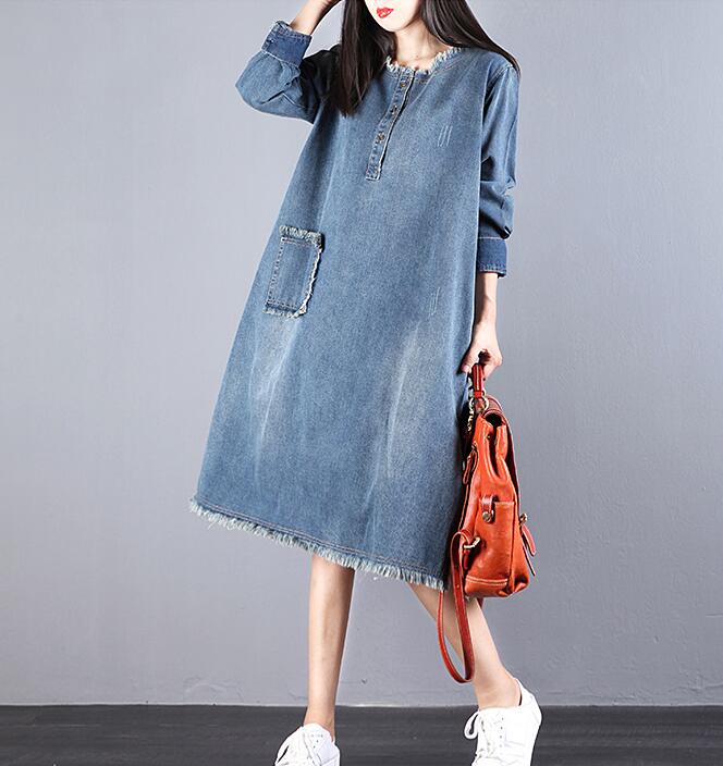 Denim Loose Long V Neck Dresses Plus Size Women Dresses VPPBUY shop