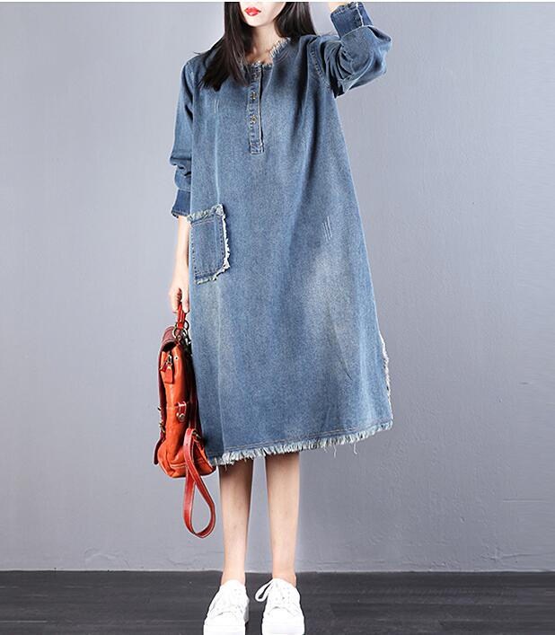 Denim Loose Long V Neck Dresses Plus Size Women Dresses VPPBUY shop