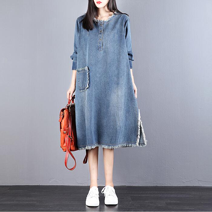 Denim Loose Long V Neck Dresses Plus Size Women Dresses VPPBUY shop