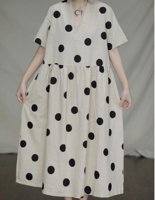 Polka Dot Loose V Neck Linen Summer Women Dresses CH9505 VPPBUY shop