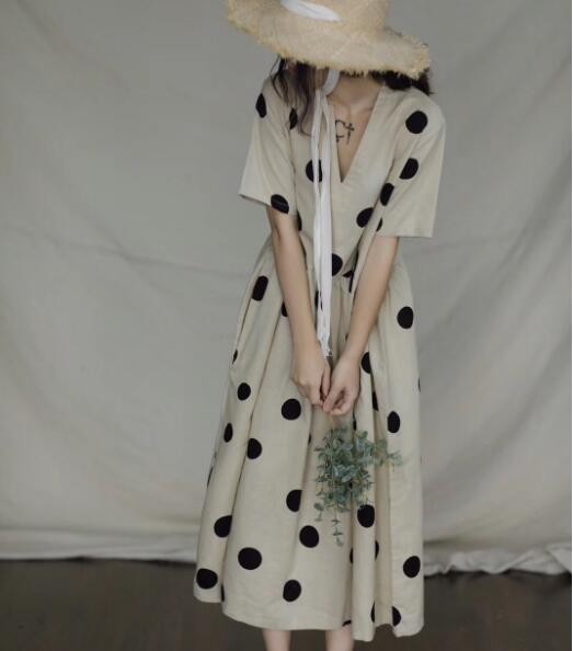 Polka Dot Loose V Neck Linen Summer Women Dresses CH9505 VPPBUY shop