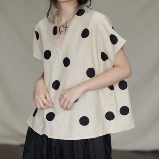 Loose Fitting Women Linen Cotton Tops  Dot Women Blouse 3/4 Sleeves Loose Style H95005 VPPBUY shop