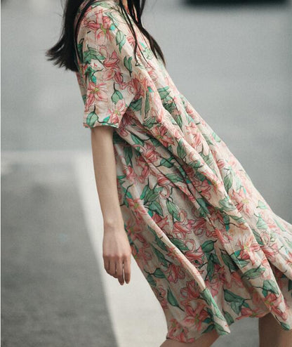 Loose  Floral Linen Short  Sleeve Dress Women Dress SJP9201229 VPPBUY shop