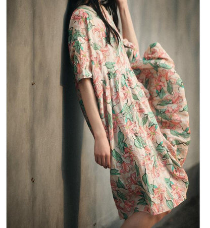 Loose  Floral Linen Short  Sleeve Dress Women Dress SJP9201229 VPPBUY shop