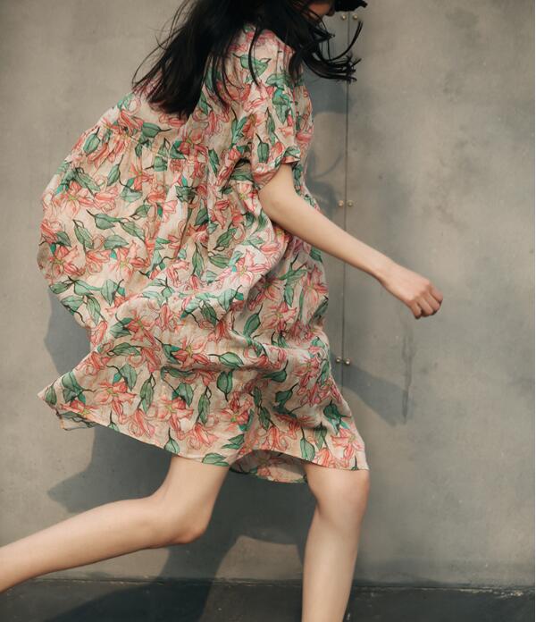 Loose  Floral Linen Short  Sleeve Dress Women Dress SJP9201229 VPPBUY shop