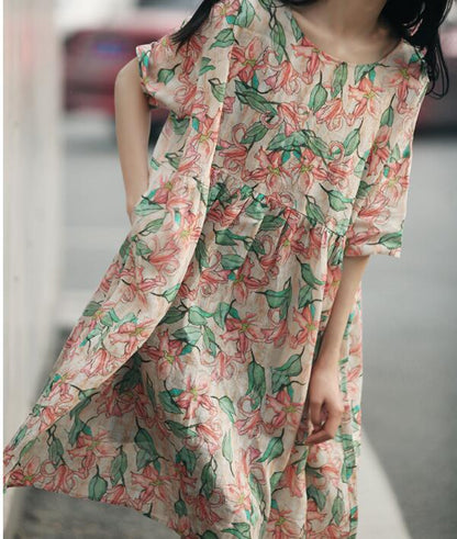 Loose  Floral Linen Short  Sleeve Dress Women Dress SJP9201229 VPPBUY shop