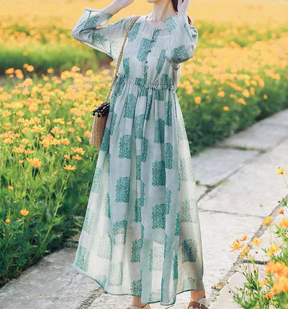 Floral Linen Long Sleeve Dress Loose Women Dress SJP9201229 VPPBUY shop