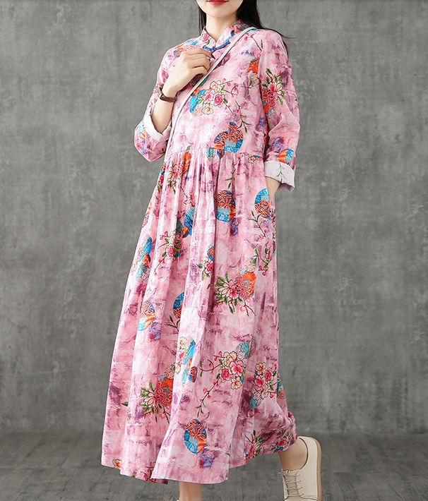 Floral Long Sleeve Summer Spring Cotton Linen Women loose Dresses DZA20632 VPPBUY shop