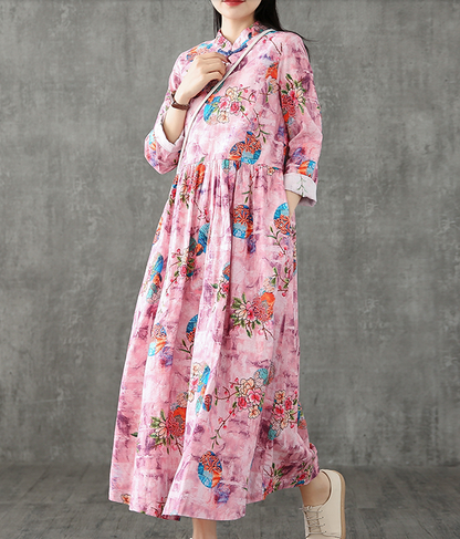 Floral Long Sleeve Summer Spring Cotton Linen Women loose Dresses DZA20632 VPPBUY shop