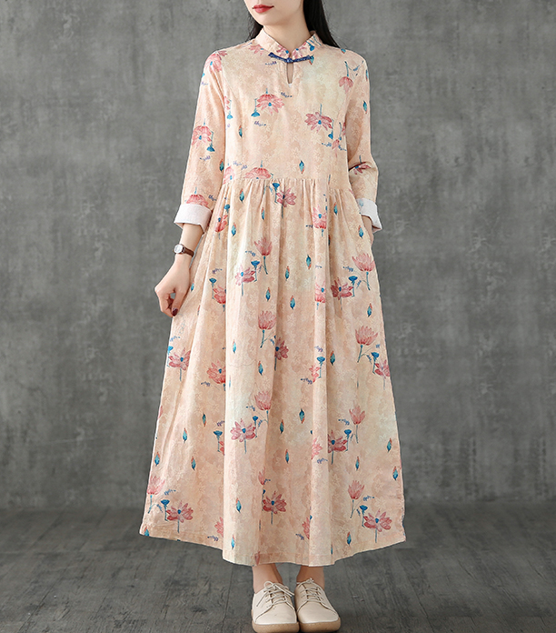 Floral Long Sleeve Summer Spring Cotton Linen Women loose Dresses DZA20632 VPPBUY shop