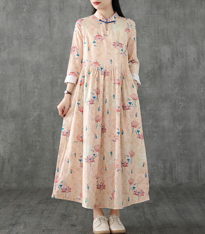 Floral Long Sleeve Summer Spring Cotton Linen Women loose Dresses DZA20632 VPPBUY shop