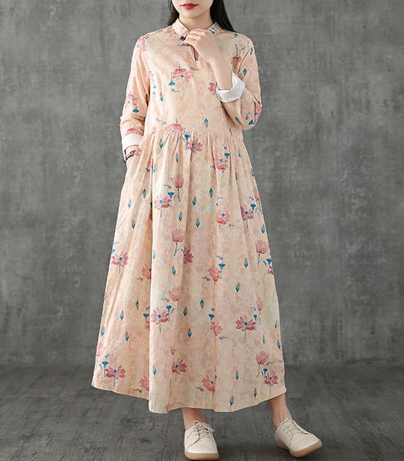 Floral Long Sleeve Summer Spring Cotton Linen Women loose Dresses DZA20632 VPPBUY shop