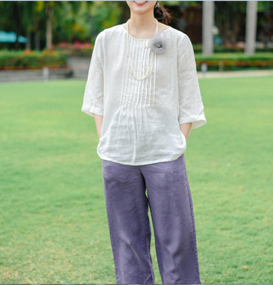 Pleated Long Sleeve Women Linen Tops 61707 VPPBUY shop