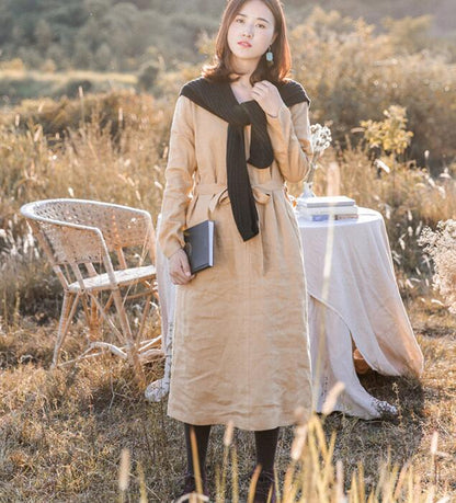 Khaki Linen Women Dress V Neck Long Sleeve Women Linen Dresses S90921 VPPBUY shop