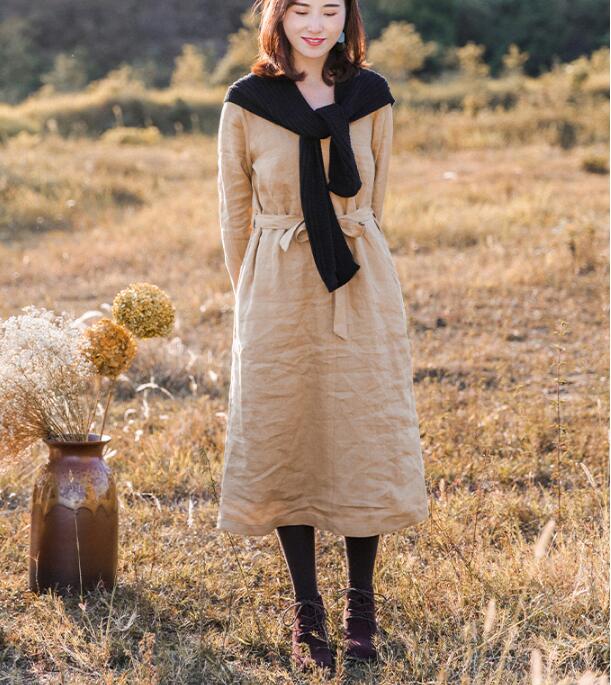 Khaki Linen Women Dress V Neck Long Sleeve Women Linen Dresses S90921 VPPBUY shop