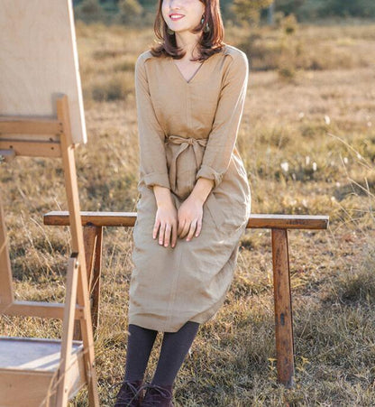 Khaki Linen Women Dress V Neck Long Sleeve Women Linen Dresses S90921 VPPBUY shop