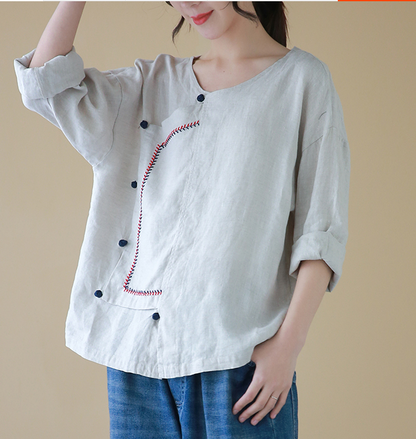 Stiching Round Neck Long Sleeves Shirts Loose Casual Linen Spring Women Tops SXM97299 VPPBUY shop