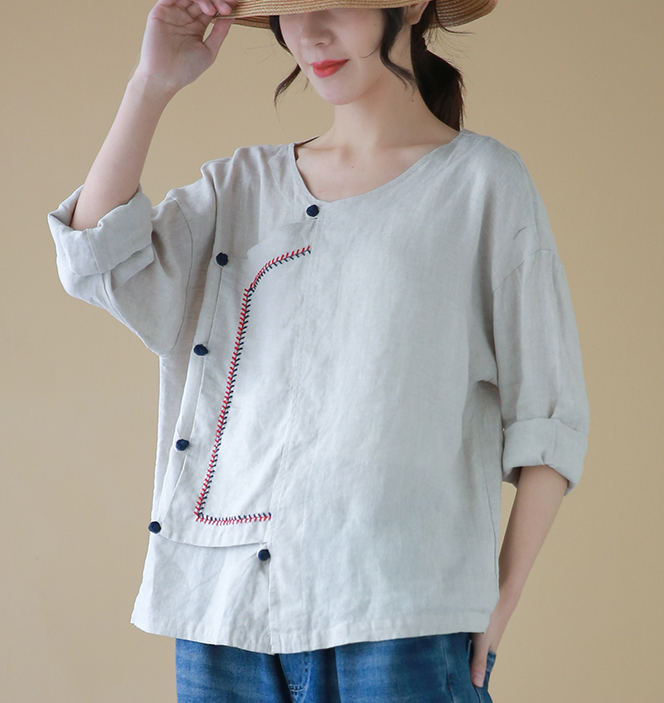 Stiching Round Neck Long Sleeves Shirts Loose Casual Linen Spring Women Tops SXM97299 VPPBUY shop