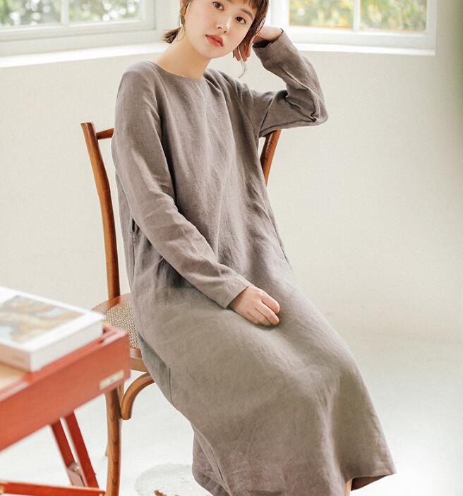 Linen Women Shirts O Neck Dresses Long Sleeve Women Linen Dresses  S90921 VPPBUY shop