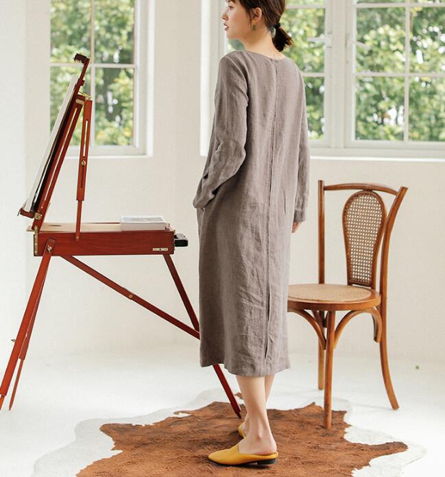 Linen Women Shirts O Neck Dresses Long Sleeve Women Linen Dresses  S90921 VPPBUY shop