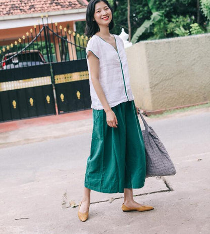 Green Linen Wide Leg Women Casual Pants SJ97235 VPPBUY shop