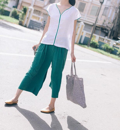 Green Linen Wide Leg Women Casual Pants SJ97235 VPPBUY shop