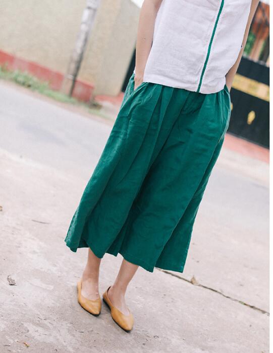 Green Linen Wide Leg Women Casual Pants SJ97235 VPPBUY shop