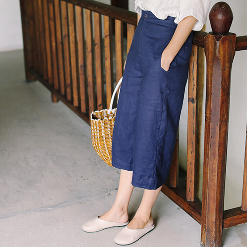 Navy Blue Linen Summer Women Casual Pants SJ97136 VPPBUY shop