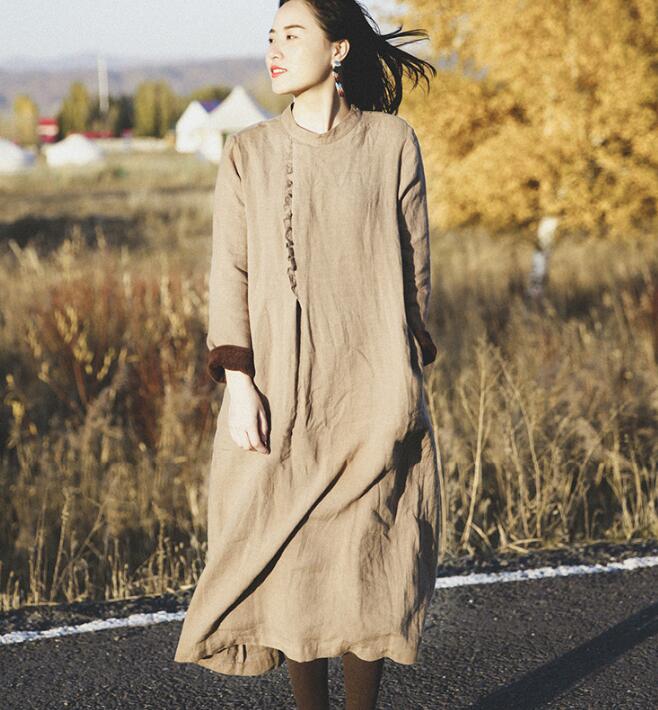 kahki Linen Women Dresses Long Sleeve Women Linen Dresses Fleece Lining S90921 VPPBUY shop