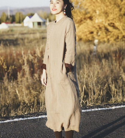 kahki Linen Women Dresses Long Sleeve Women Linen Dresses Fleece Lining S90921 VPPBUY shop