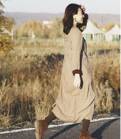 kahki Linen Women Dresses Long Sleeve Women Linen Dresses Fleece Lining S90921 VPPBUY shop