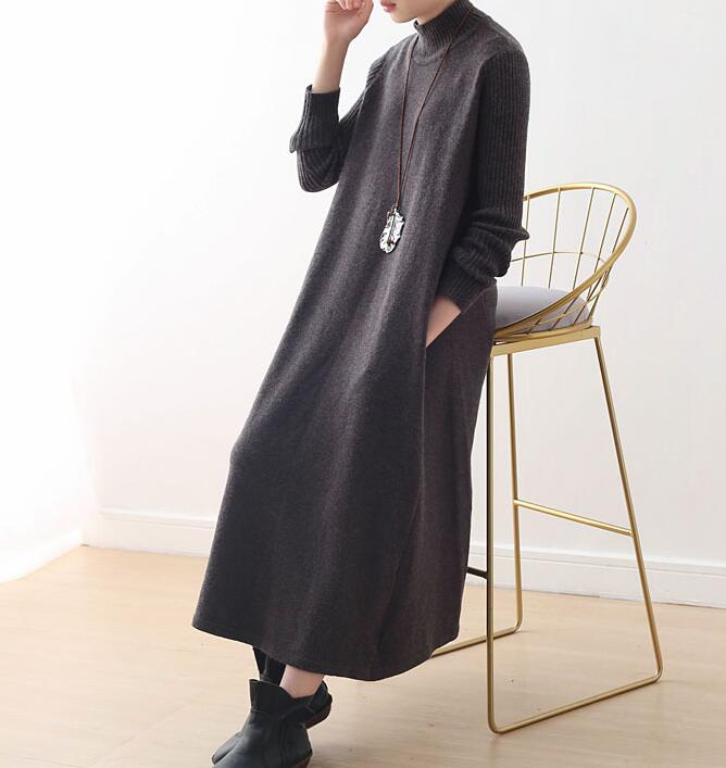 High Collar A-line Knit Long Women Dresses AMT962328 VPPBUY shop