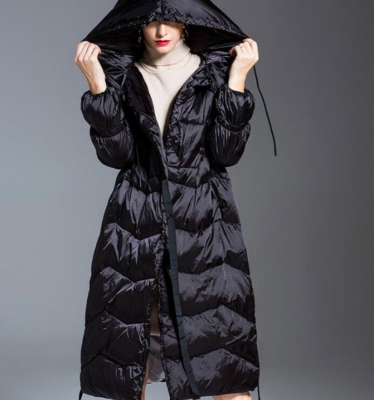 Puff Sleve Long Loose Women Down Coat Waist Belt Winter Loose 90% Duck Down Jackets VPPBUY shop