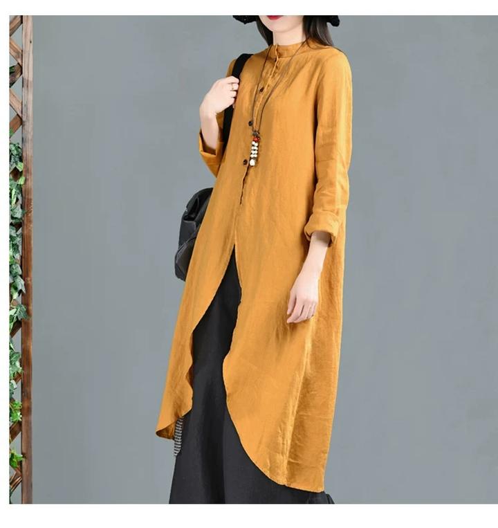 Yellow Linen Shirts  Dresses 3/4 Sleeves Long Shirts CH90423 VPPBUY shop