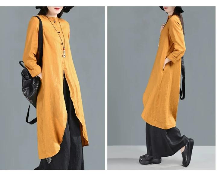 Yellow Linen Shirts  Dresses 3/4 Sleeves Long Shirts CH90423 VPPBUY shop