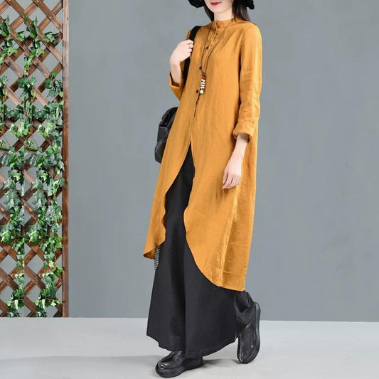 Yellow Linen Shirts  Dresses 3/4 Sleeves Long Shirts CH90423 VPPBUY shop