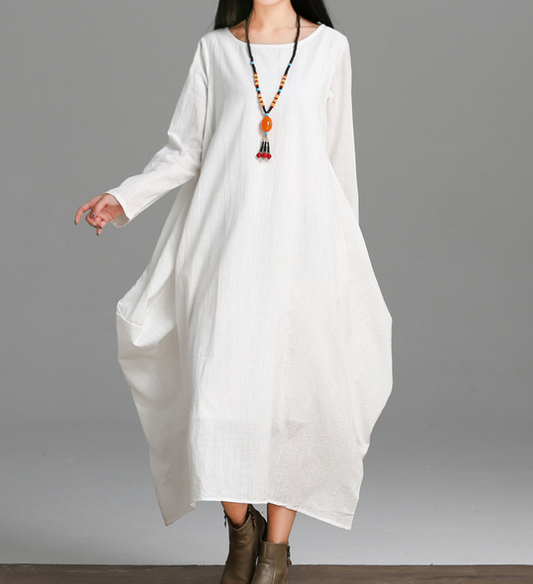 Loose Long Sleeve Linen Cotton O Neck Women Dress VPPBUY shop