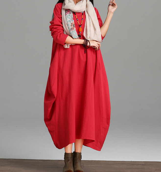 Loose Long Sleeve Linen Cotton O Neck Women Dress VPPBUY shop