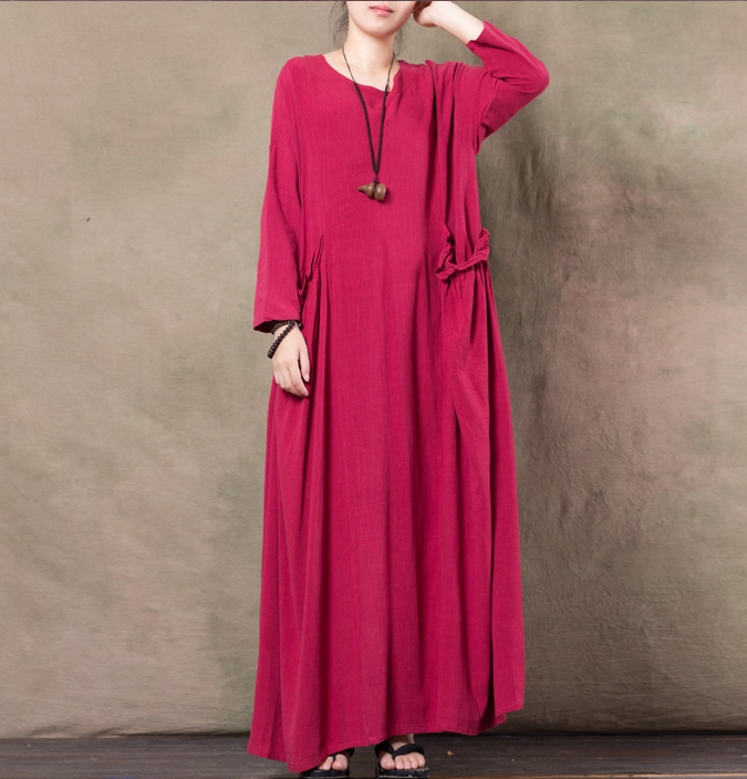 Loose Long Sleeve Linen Cotton O Neck Plus Size Women Dress VPPBUY shop