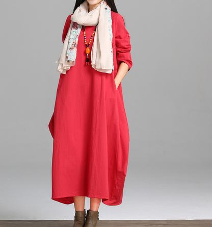 Loose Long Sleeve Linen Cotton O Neck Women Dress VPPBUY shop