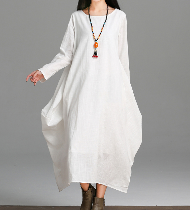 Loose Long Sleeve Linen Cotton O Neck Women Dress VPPBUY shop