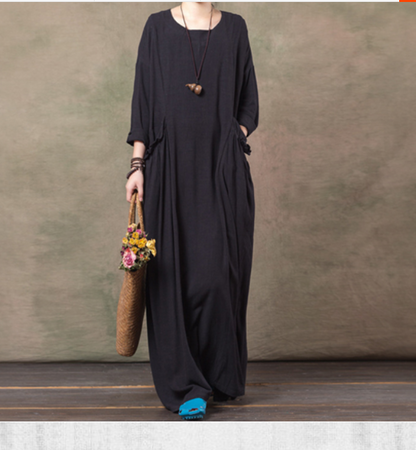 Loose Long Sleeve Linen Cotton O Neck Plus Size Women Dress VPPBUY shop