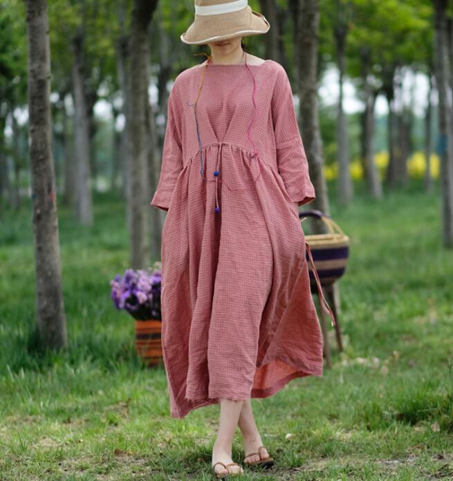 Pink Plaid Linen Long Sleeve Dress Loose Women Dress SJP9201229 VPPBUY shop