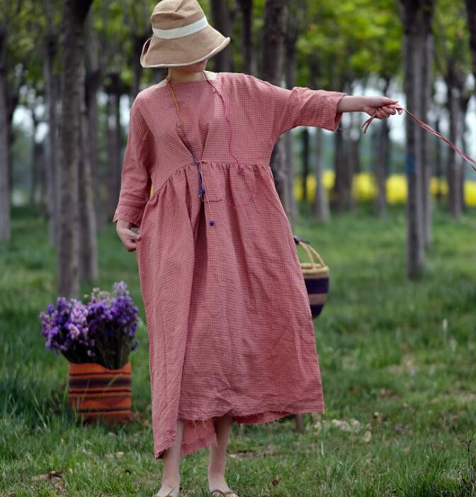 Pink Plaid Linen Long Sleeve Dress Loose Women Dress SJP9201229 VPPBUY shop