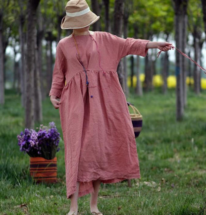 Pink Plaid Linen Long Sleeve Dress Loose Women Dress SJP9201229 VPPBUY shop