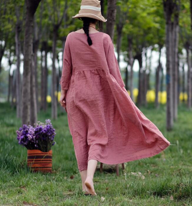 Pink Plaid Linen Long Sleeve Dress Loose Women Dress SJP9201229 VPPBUY shop