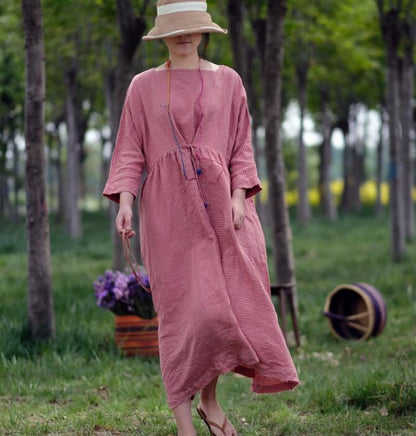 Pink Plaid Linen Long Sleeve Dress Loose Women Dress SJP9201229 VPPBUY shop